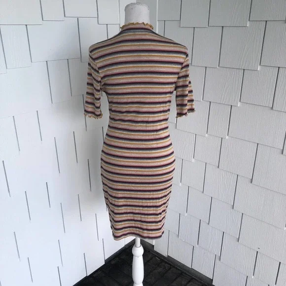 Socialite Women's Pink/Mustard Striped Lettuce Trim Mock Neck Bodycon Dress sz L - Picture 4 of 4